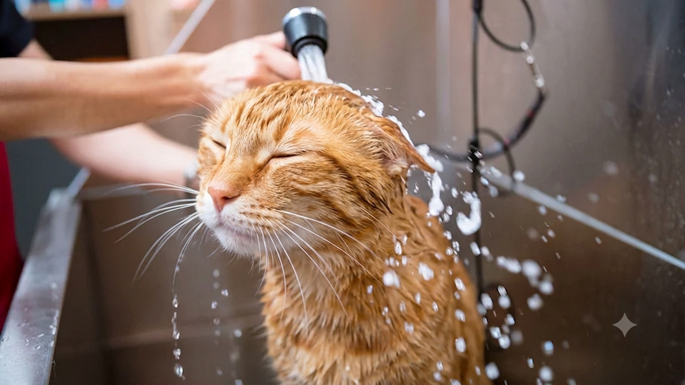 Gato durante o banho