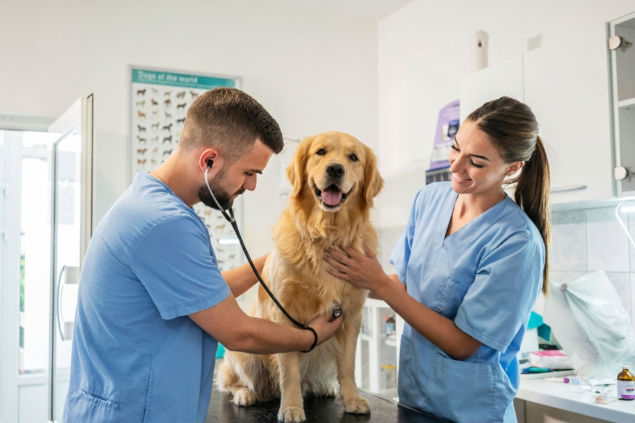 Equipe veterinária atendendo o cachorro da Agromaxxi