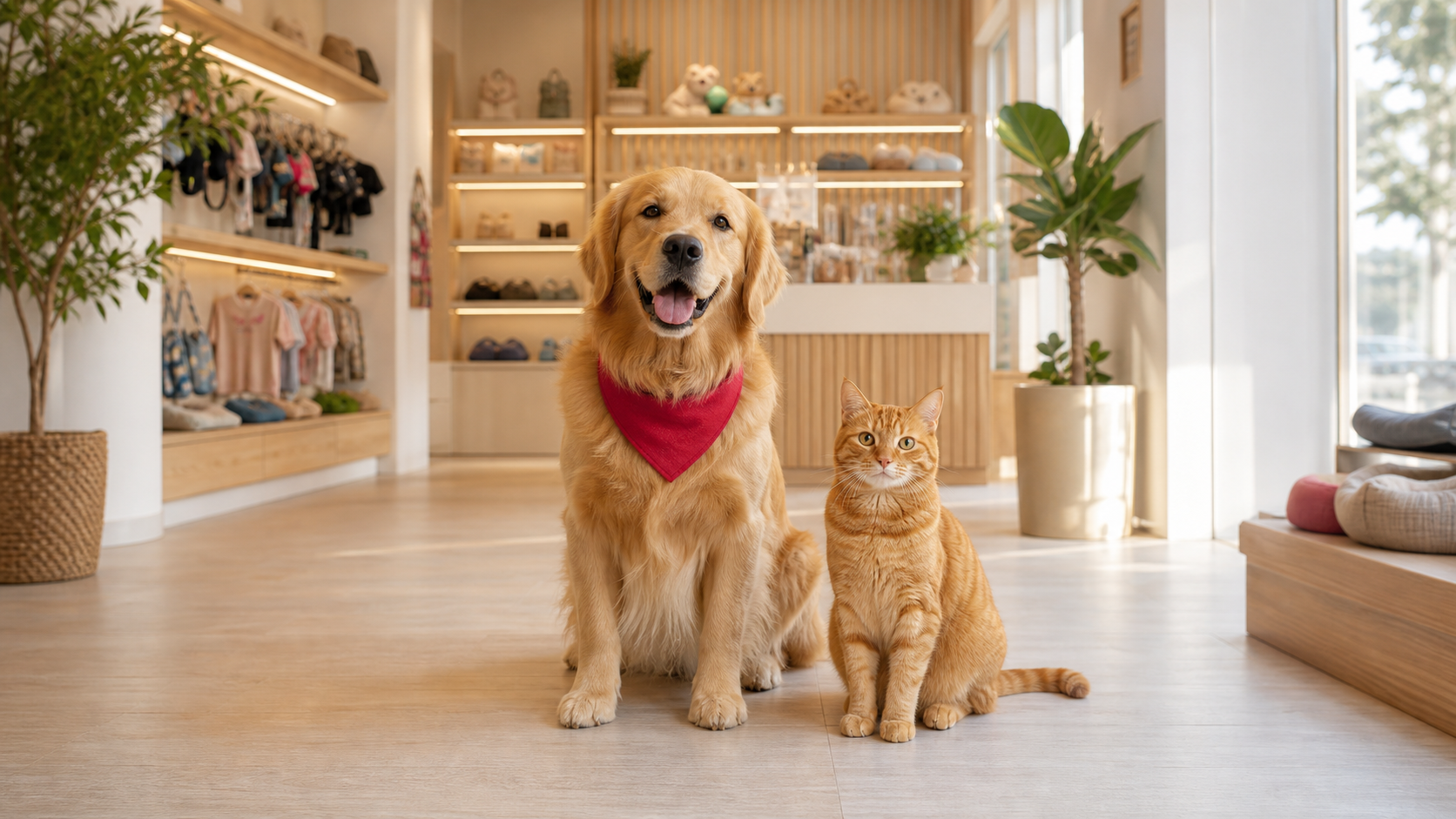 Golden retriever e gato em uma loja para pets